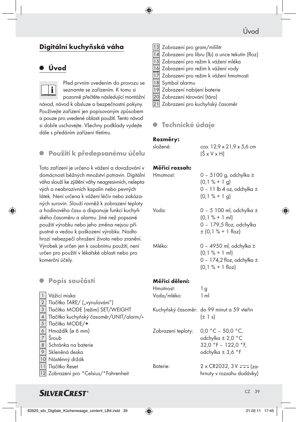 Úvod, Digitální kuchyňská váha, Použití k předepsanému účelu | Popis součástí, Technické údaje | Silvercrest Z30170 User Manual | Page 37 / 60