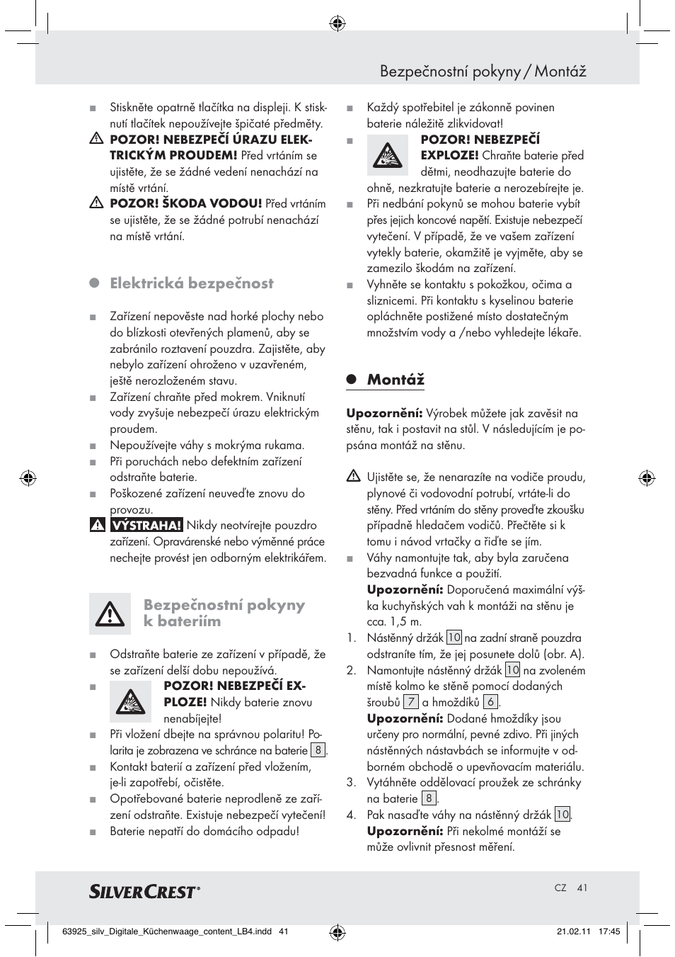 Bezpečnostní pokyny / montáž, Elektrická bezpečnost, Bezpečnostní pokyny k bateriím | Montáž | Silvercrest Z30170 User Manual | Page 39 / 60