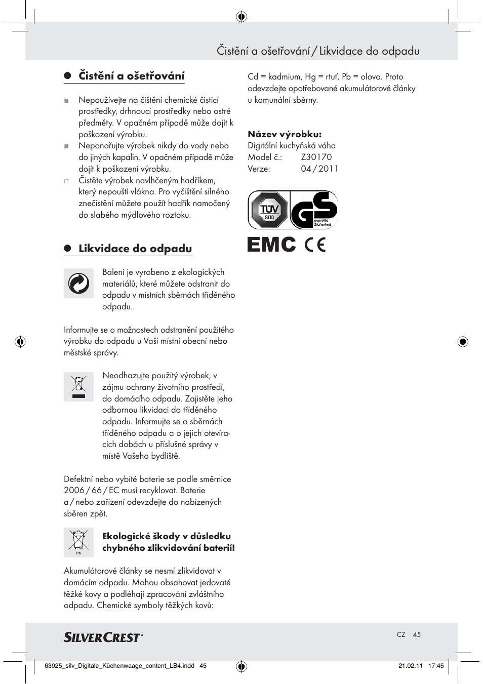 Čistění a ošetřování / likvidace do odpadu, Čistění a ošetřování, Likvidace do odpadu | Silvercrest Z30170 User Manual | Page 43 / 60