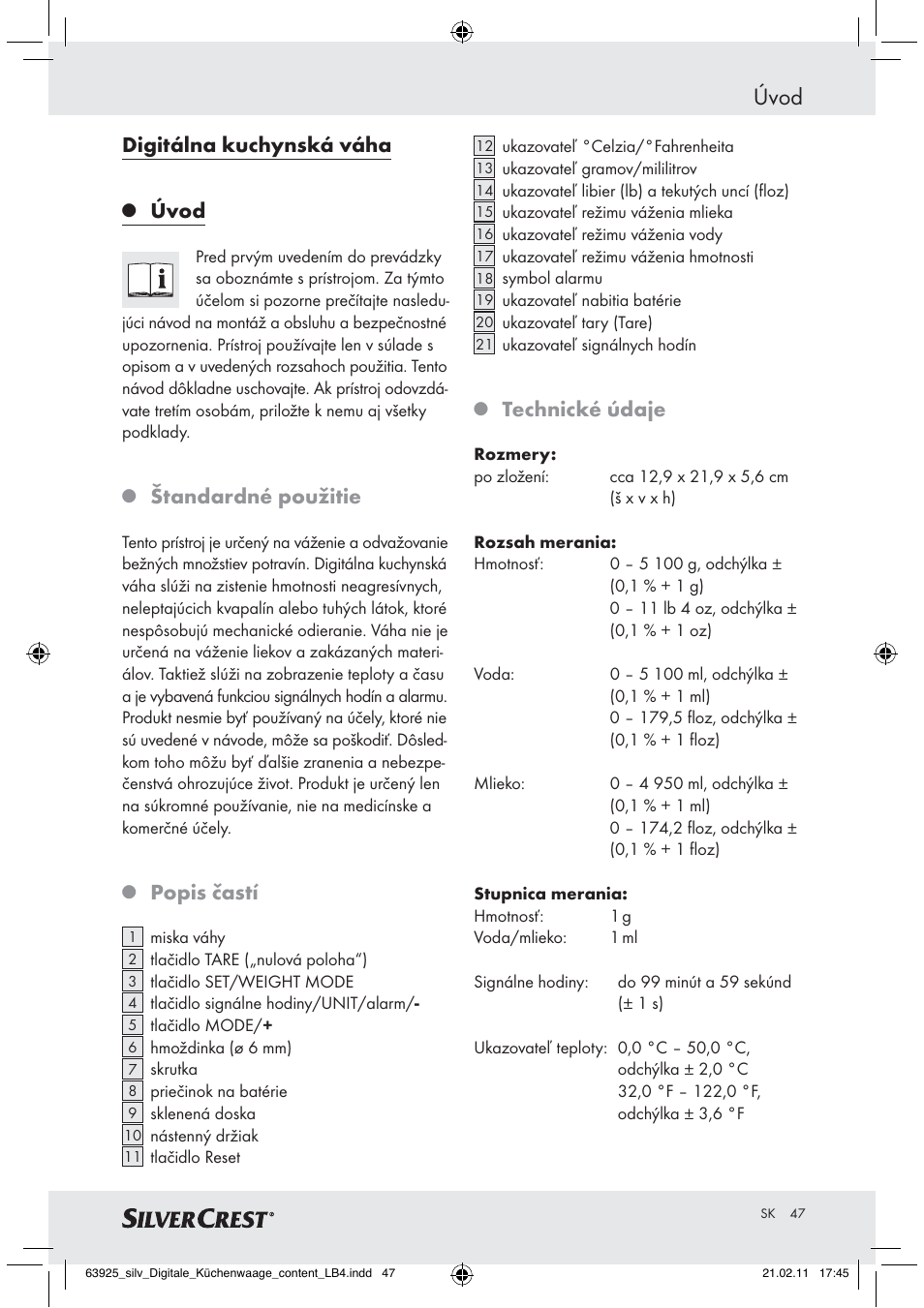 Úvod, Digitálna kuchynská váha, Štandardné použitie | Popis častí, Technické údaje | Silvercrest Z30170 User Manual | Page 45 / 60