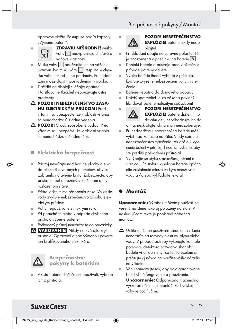 Bezpečnostné pokyny / montáž, Elektrická bezpečnosť, Bezpečnostné pokyny k batériám | Montáž | Silvercrest Z30170 User Manual | Page 47 / 60