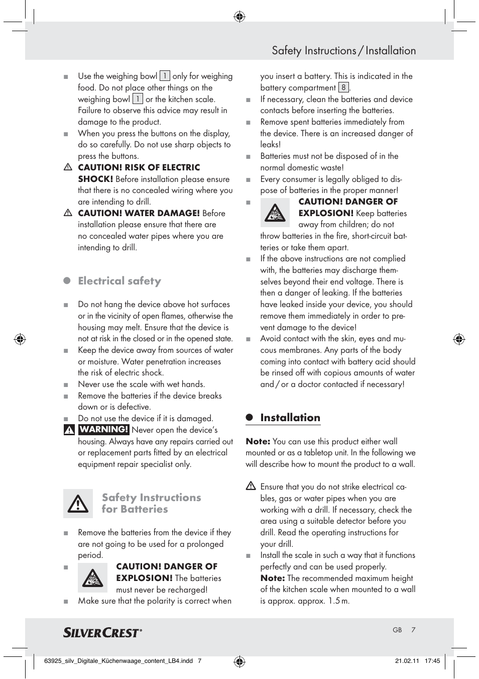 Safety instructions / installation, Electrical safety, Safety instructions for batteries | Installation | Silvercrest Z30170 User Manual | Page 5 / 60