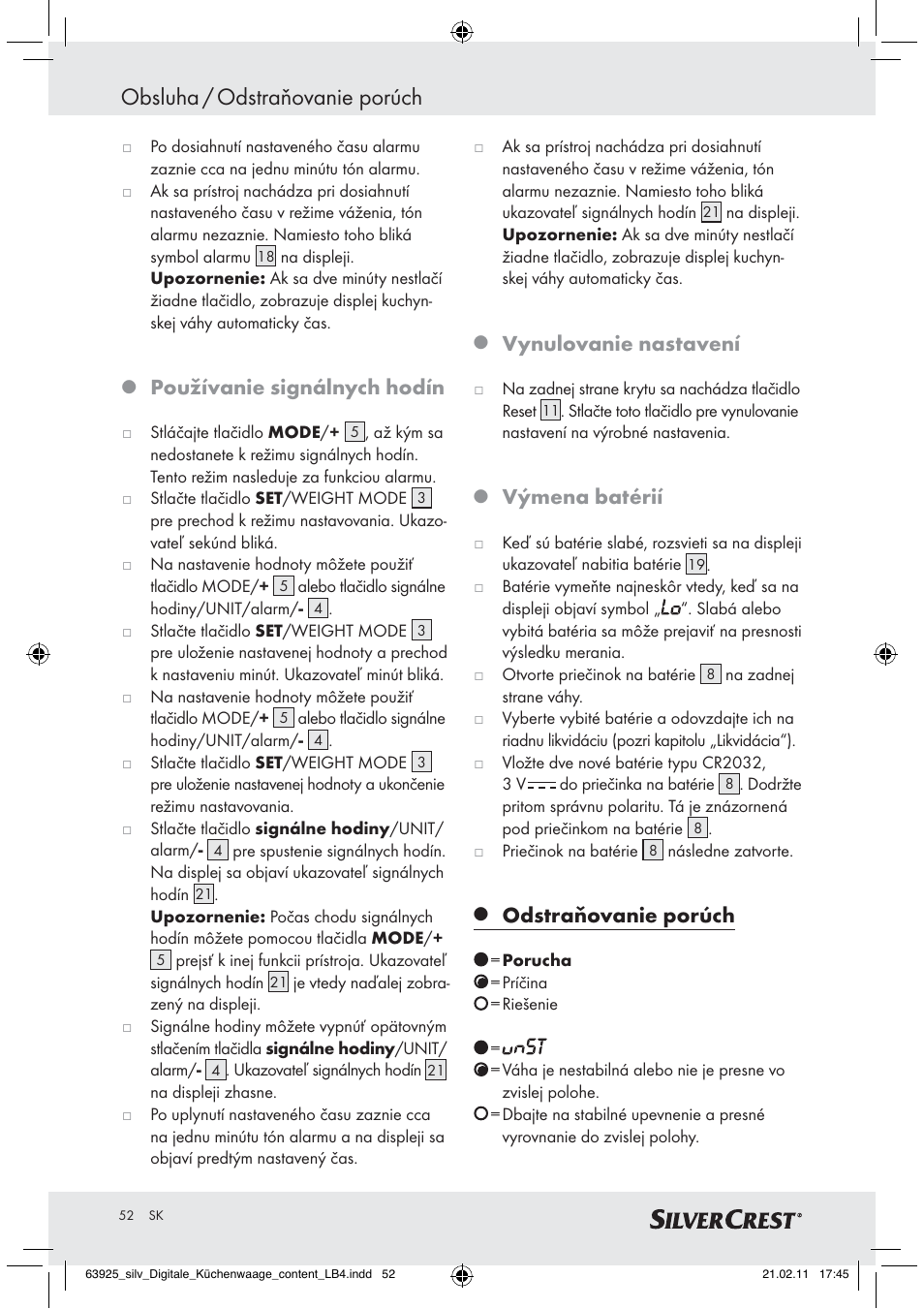 Obsluha / odstraňovanie porúch, Používanie signálnych hodín, Vynulovanie nastavení | Výmena batérií, Odstraňovanie porúch | Silvercrest Z30170 User Manual | Page 50 / 60