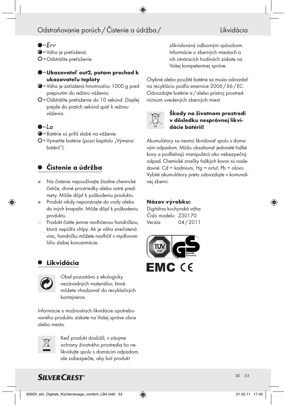 Čistenie a údržba, Likvidácia | Silvercrest Z30170 User Manual | Page 51 / 60