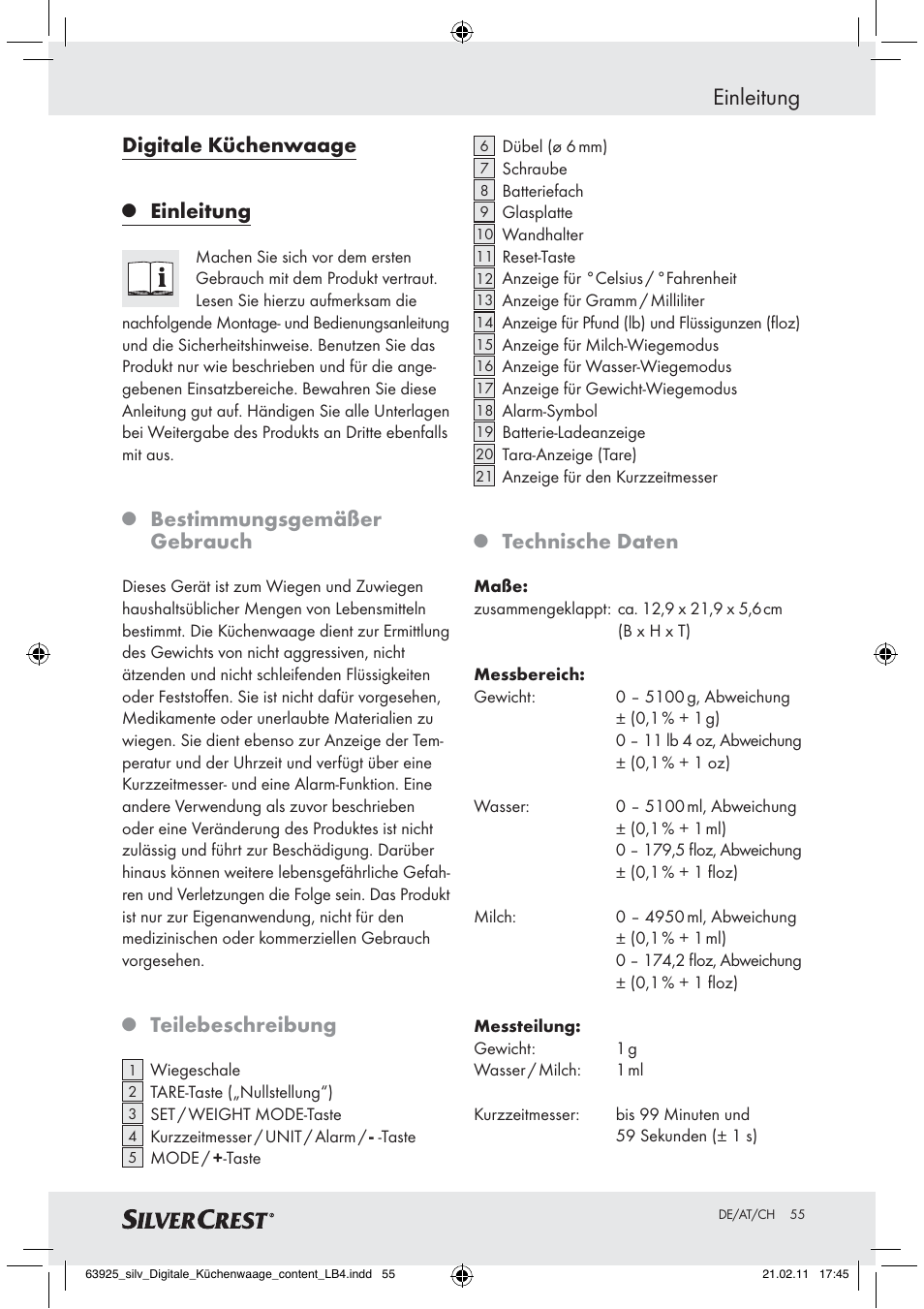 Einleitung, Digitale küchenwaage, Bestimmungsgemäßer gebrauch | Teilebeschreibung, Technische daten | Silvercrest Z30170 User Manual | Page 53 / 60