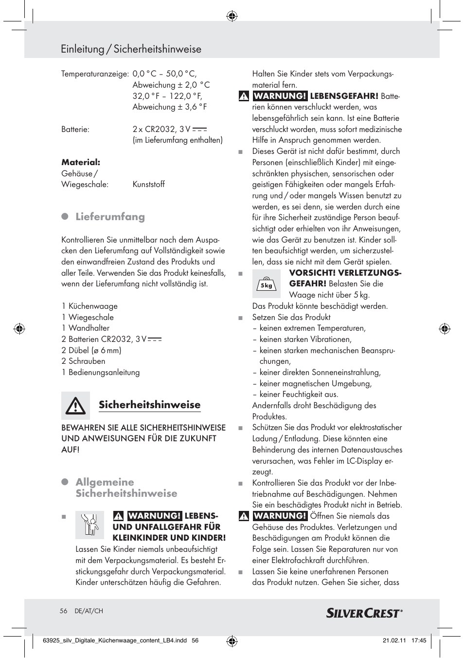 Einleitung / sicherheitshinweise, Lieferumfang, Sicherheitshinweise | Allgemeine sicherheitshinweise | Silvercrest Z30170 User Manual | Page 54 / 60