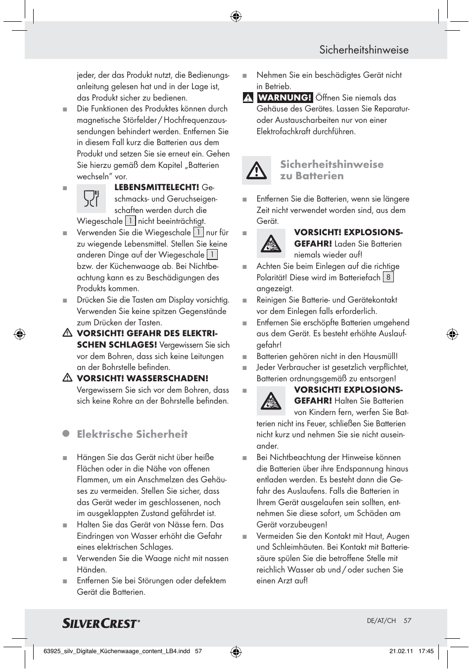 Sicherheitshinweise, Elektrische sicherheit, Sicherheitshinweise zu batterien | Silvercrest Z30170 User Manual | Page 55 / 60