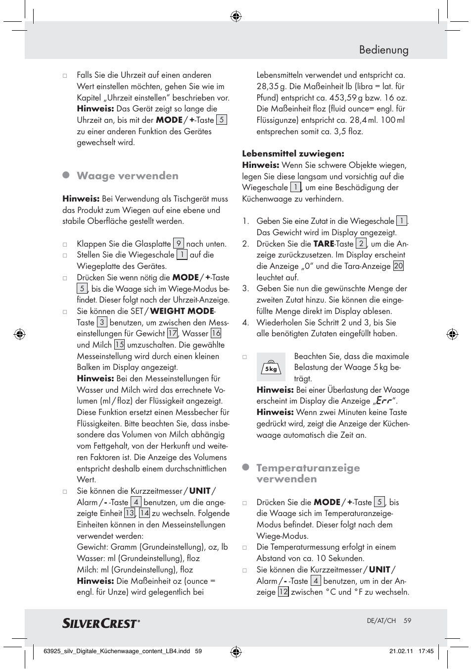 Bedienung, Waage verwenden, Temperaturanzeige verwenden | Silvercrest Z30170 User Manual | Page 57 / 60