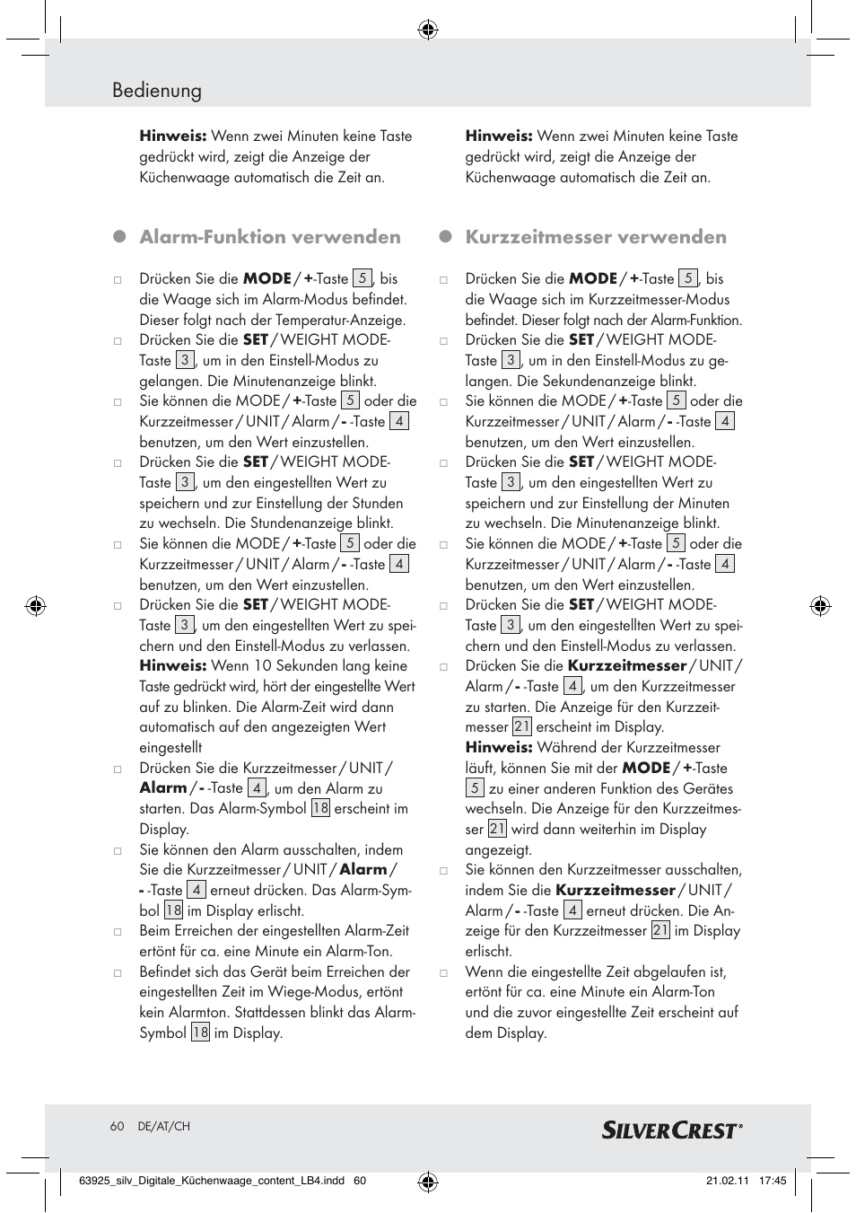 Bedienung, Alarm-funktion verwenden, Kurzzeitmesser verwenden | Silvercrest Z30170 User Manual | Page 58 / 60