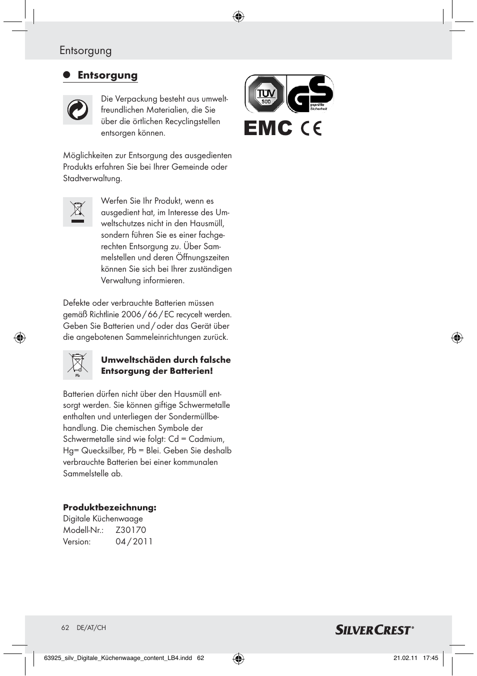 Entsorgung | Silvercrest Z30170 User Manual | Page 60 / 60