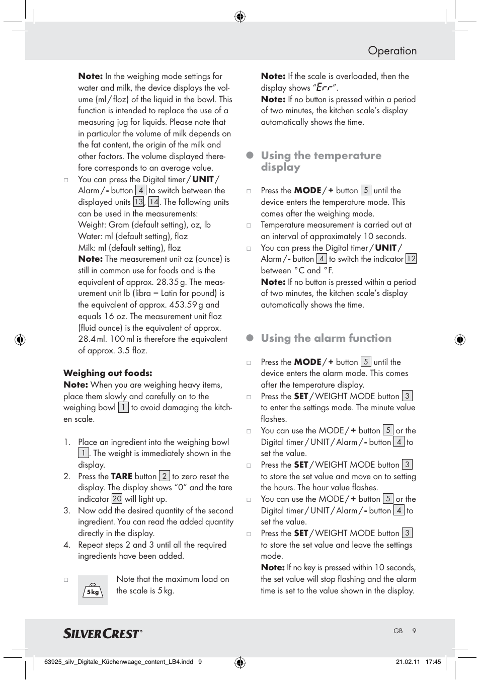 Operation, Using the temperature display, Using the alarm function | Silvercrest Z30170 User Manual | Page 7 / 60