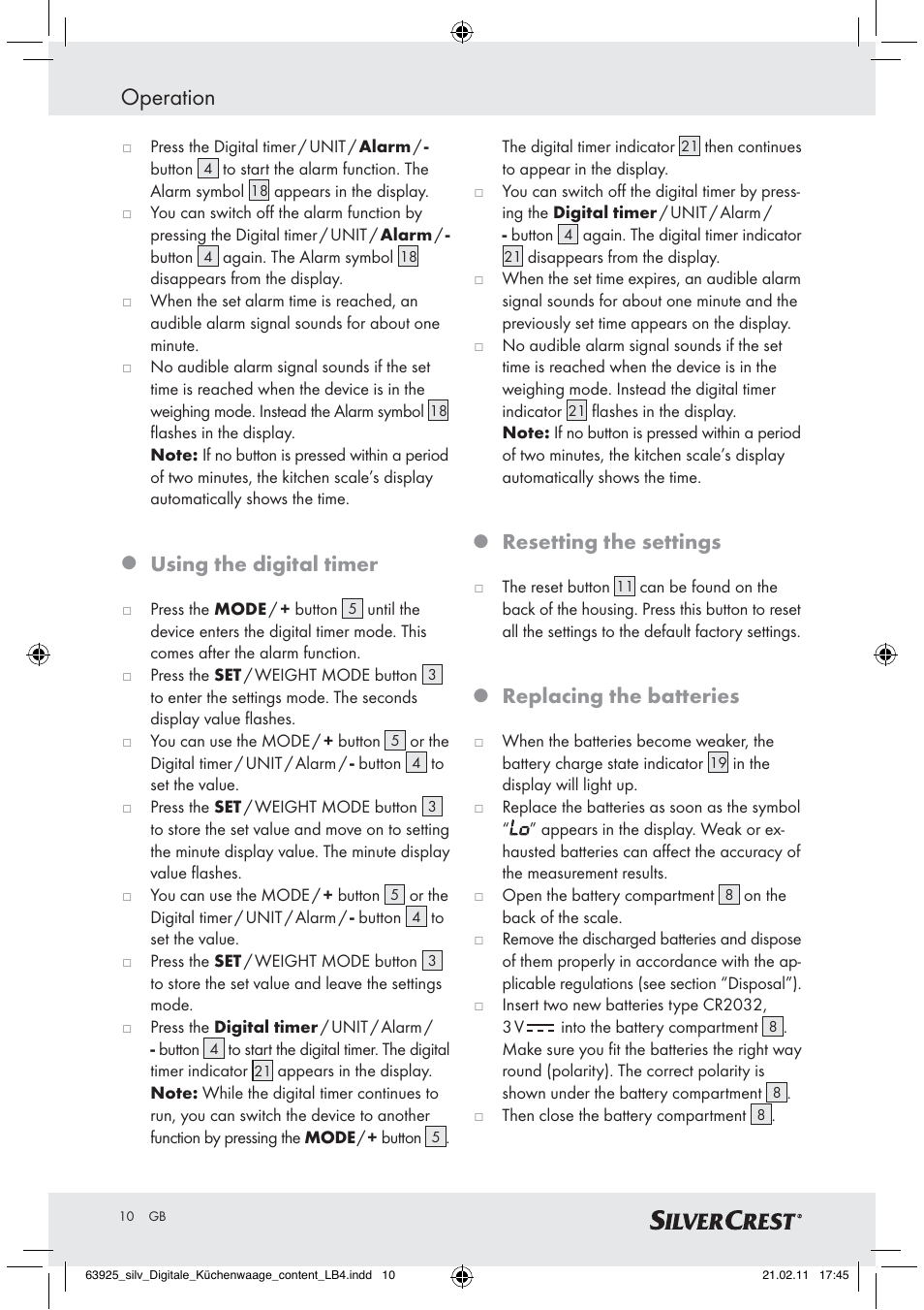 Operation, Using the digital timer, Resetting the settings | Replacing the batteries | Silvercrest Z30170 User Manual | Page 8 / 60