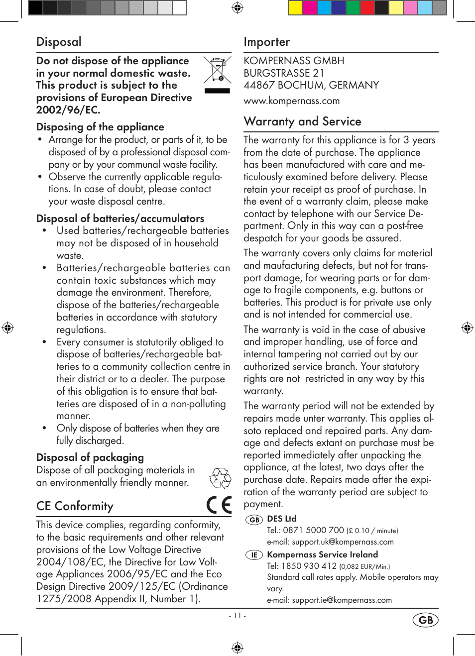 Disposal, Ce conformity, Importer | Warranty and service | Silvercrest KH 2398 User Manual | Page 13 / 98