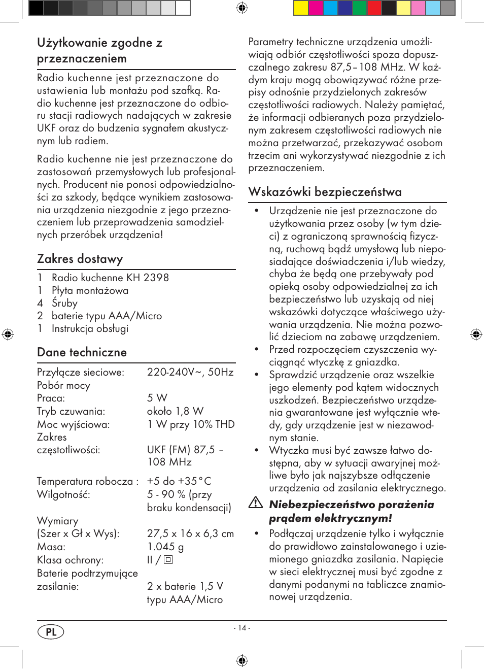 Użytkowanie zgodne z przeznaczeniem, Zakres dostawy, Dane techniczne | Wskazówki bezpieczeństwa | Silvercrest KH 2398 User Manual | Page 16 / 98