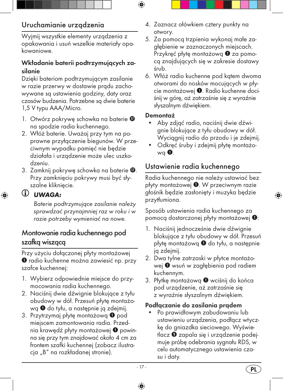 Uruchamianie urządzenia, Montowanie radia kuchennego pod szafką wiszącą, Ustawienie radia kuchennego | Silvercrest KH 2398 User Manual | Page 19 / 98