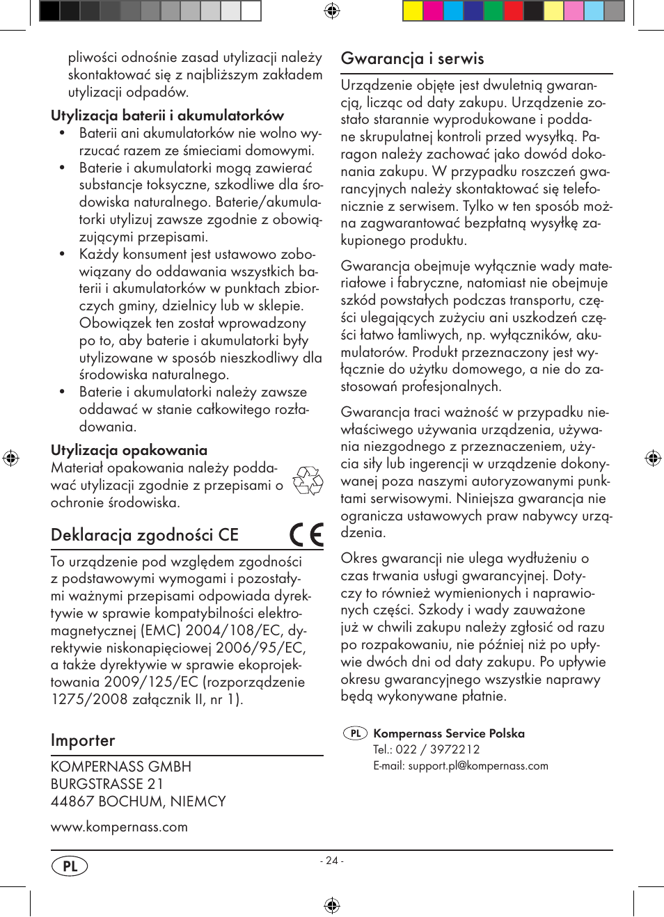 Deklaracja zgodności ce, Importer, Gwarancja i serwis | Silvercrest KH 2398 User Manual | Page 26 / 98