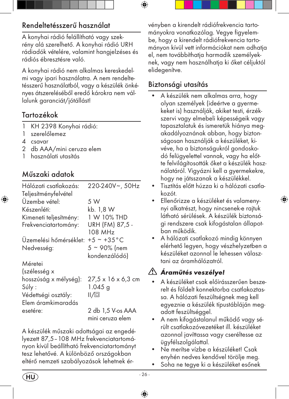 Rendeltetésszerű használat, Tartozékok, Műszaki adatok | Biztonsági utasítás | Silvercrest KH 2398 User Manual | Page 28 / 98