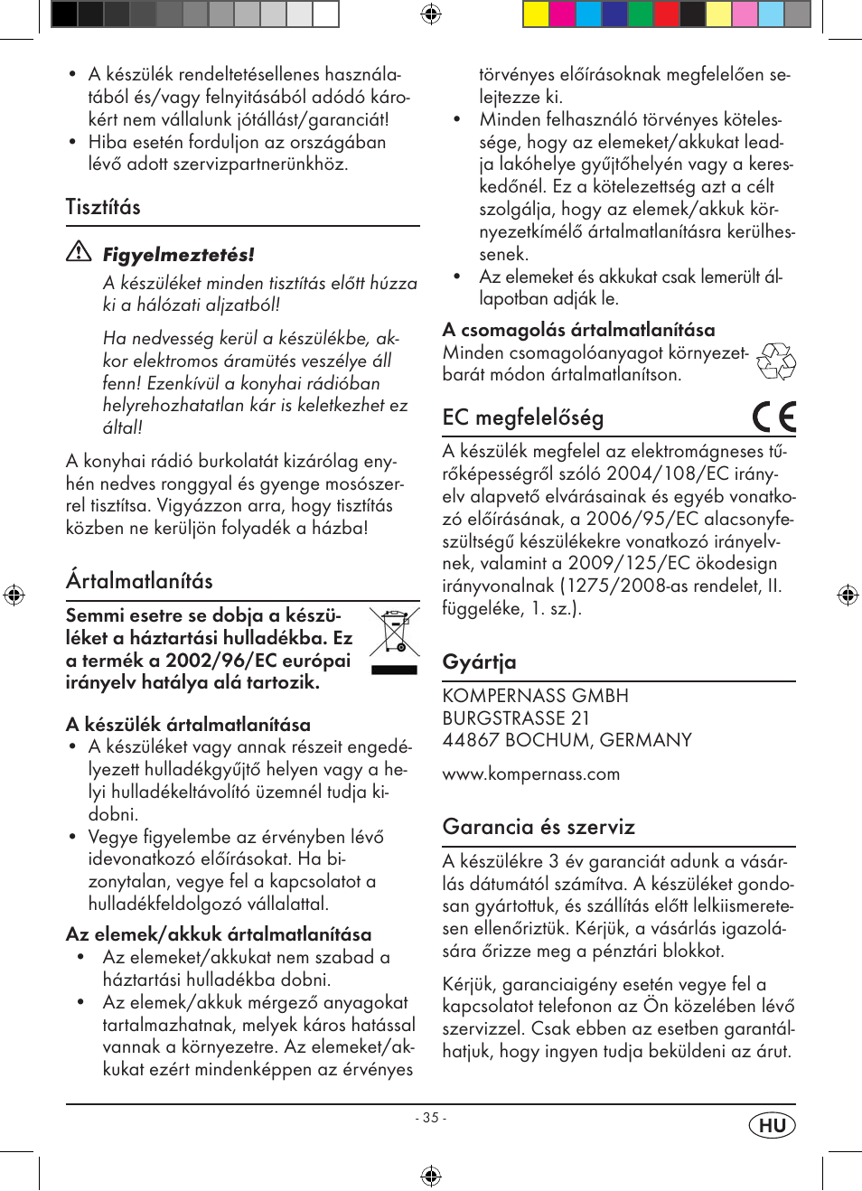 Tisztítás, Ártalmatlanítás, Ec megfelelőség | Garancia és szerviz | Silvercrest KH 2398 User Manual | Page 37 / 98