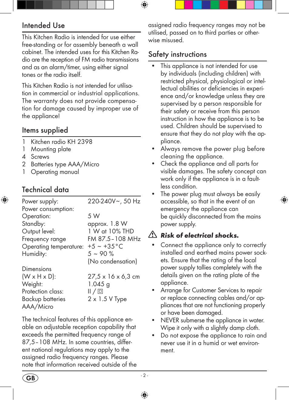 Intended use, Items supplied, Technical data | Safety instructions | Silvercrest KH 2398 User Manual | Page 4 / 98