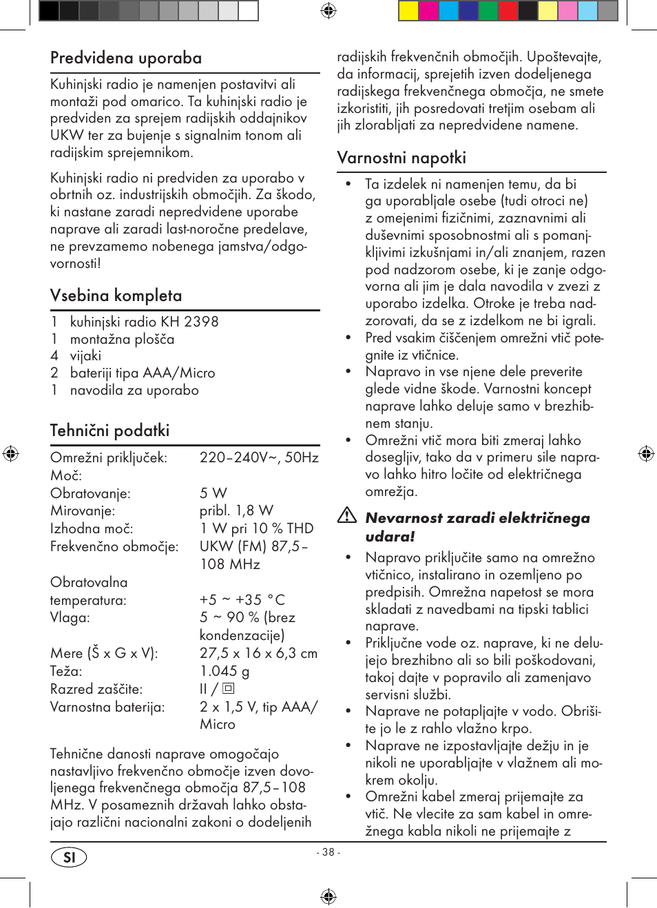 Predvidena uporaba, Vsebina kompleta, Tehnični podatki | Varnostni napotki | Silvercrest KH 2398 User Manual | Page 40 / 98