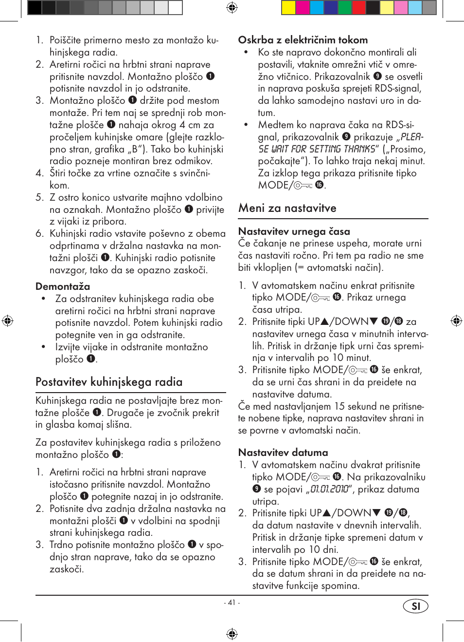 Postavitev kuhinjskega radia, Meni za nastavitve | Silvercrest KH 2398 User Manual | Page 43 / 98