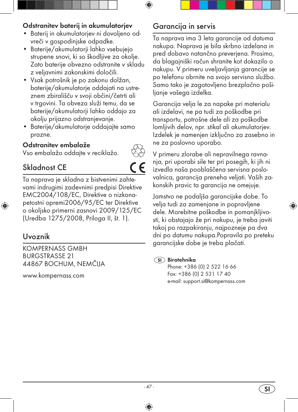 Skladnost ce, Uvoznik, Garancija in servis | Silvercrest KH 2398 User Manual | Page 49 / 98