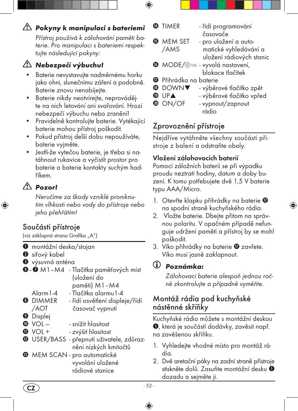 Součásti přístroje, Zprovoznění přístroje, Montáž rádia pod kuchyňské nástěnné skříňky | Silvercrest KH 2398 User Manual | Page 54 / 98
