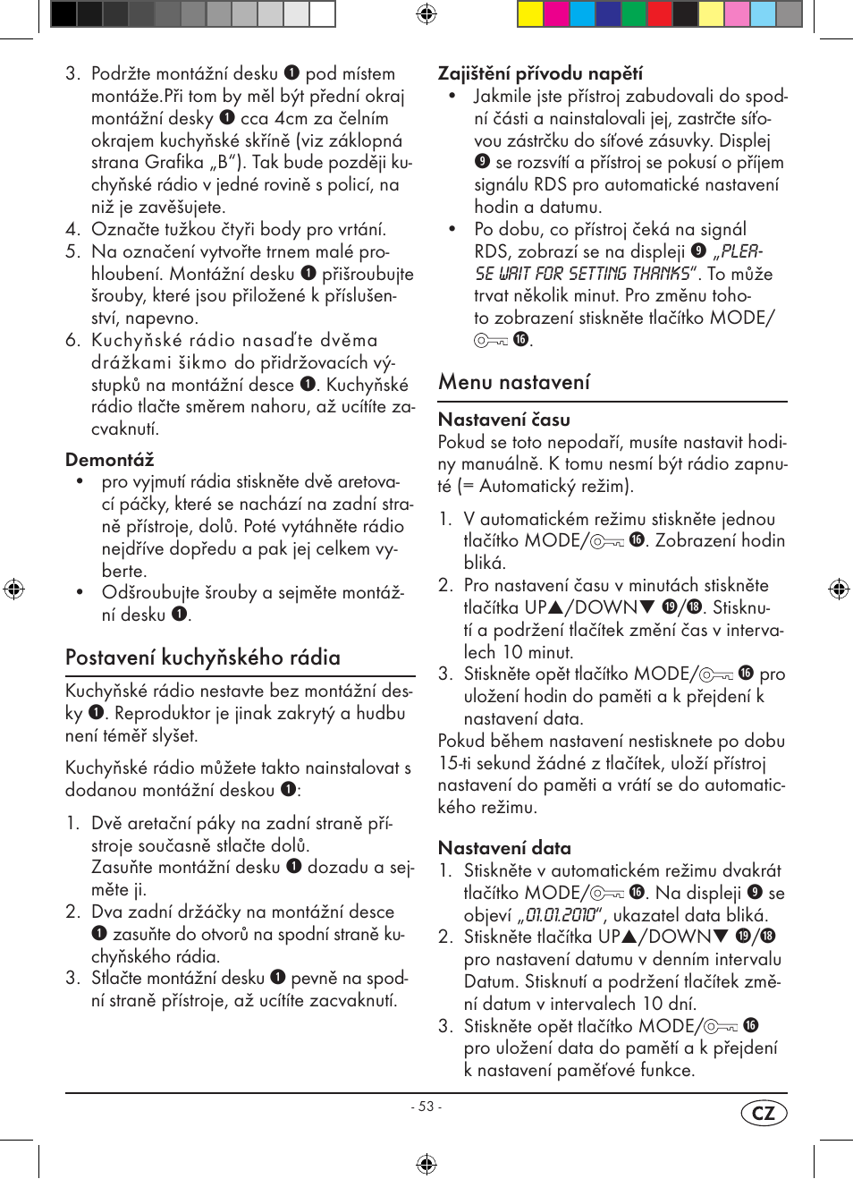 Postavení kuchyňského rádia, Menu nastavení | Silvercrest KH 2398 User Manual | Page 55 / 98