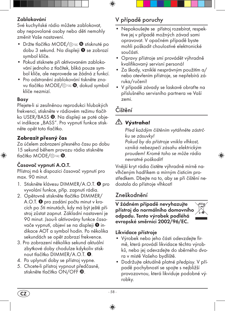 V případě poruchy, Čištění, Zneškodnění | Silvercrest KH 2398 User Manual | Page 60 / 98