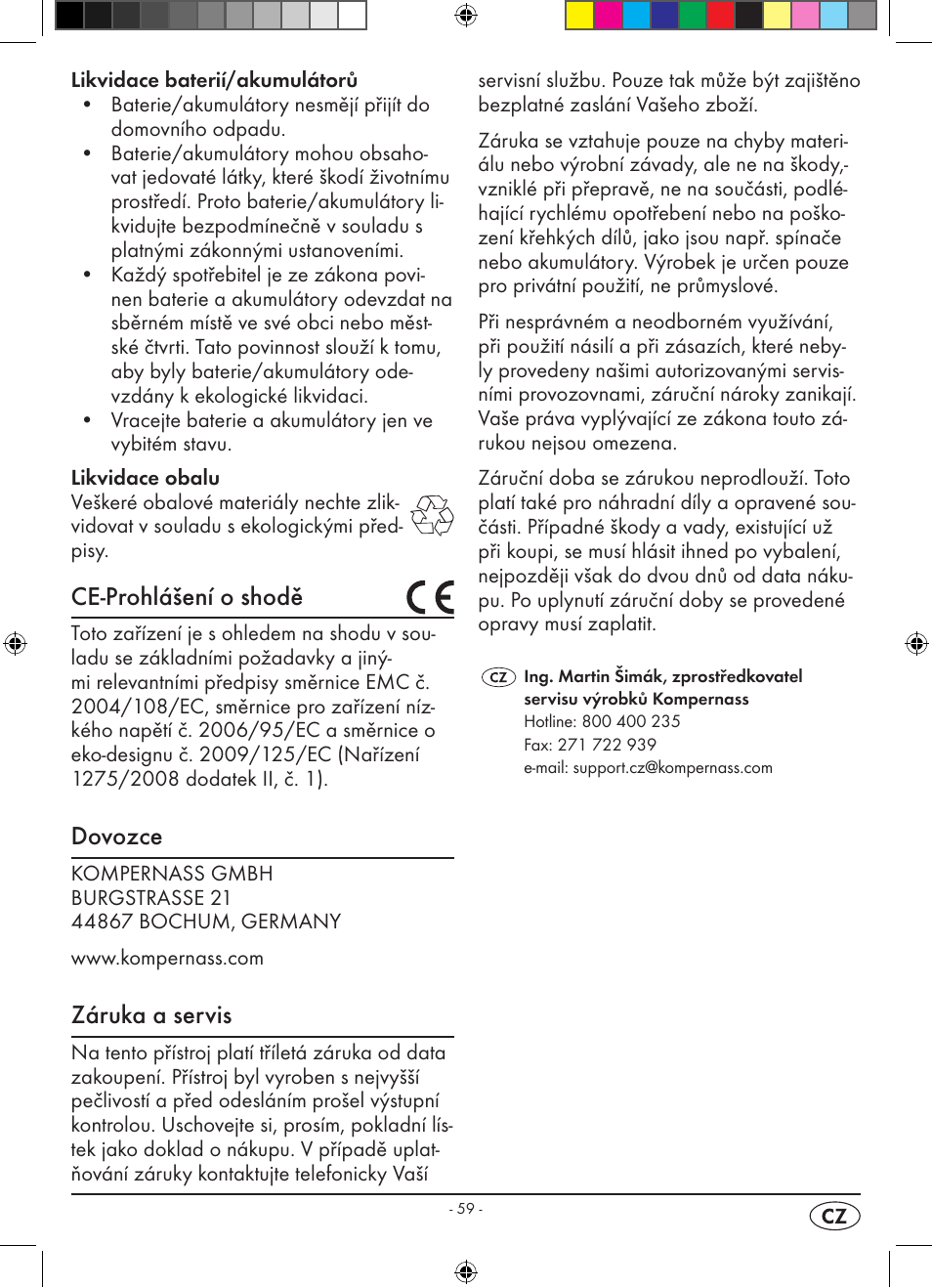 Ce-prohlášení o shodě, Dovozce, Záruka a servis | Silvercrest KH 2398 User Manual | Page 61 / 98