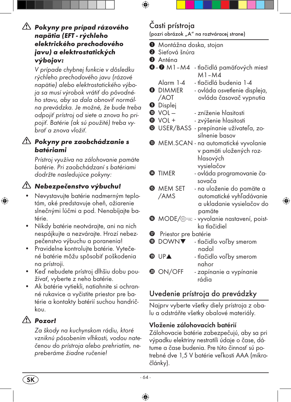Časti prístroja, Uvedenie prístroja do prevádzky | Silvercrest KH 2398 User Manual | Page 66 / 98