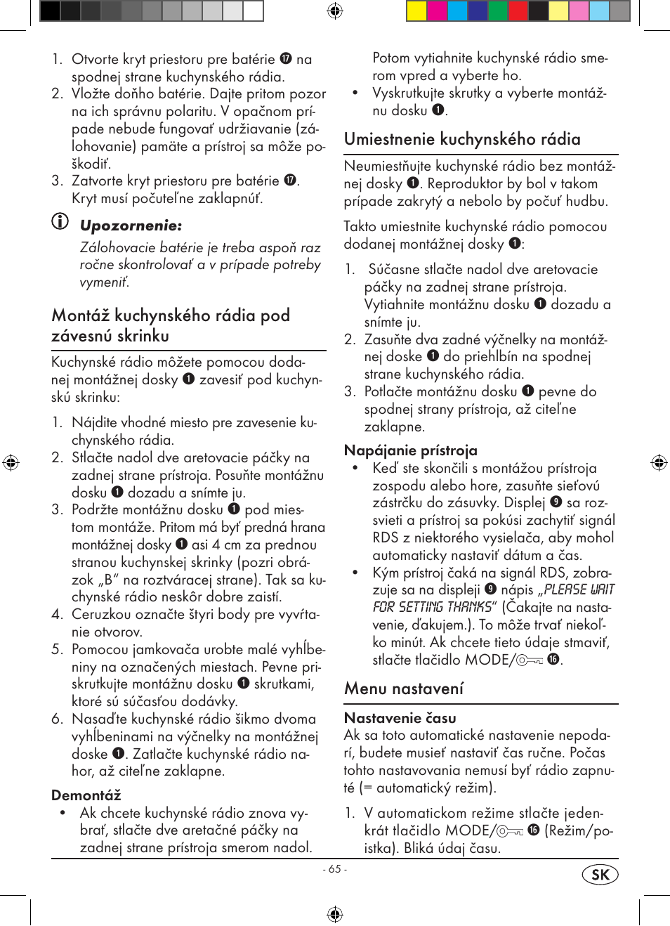 Montáž kuchynského rádia pod závesnú skrinku, Umiestnenie kuchynského rádia, Menu nastavení | Silvercrest KH 2398 User Manual | Page 67 / 98