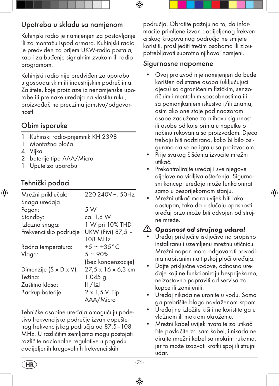 Upotreba u skladu sa namjenom, Obim isporuke, Tehnički podaci | Sigurnosne napomene | Silvercrest KH 2398 User Manual | Page 76 / 98