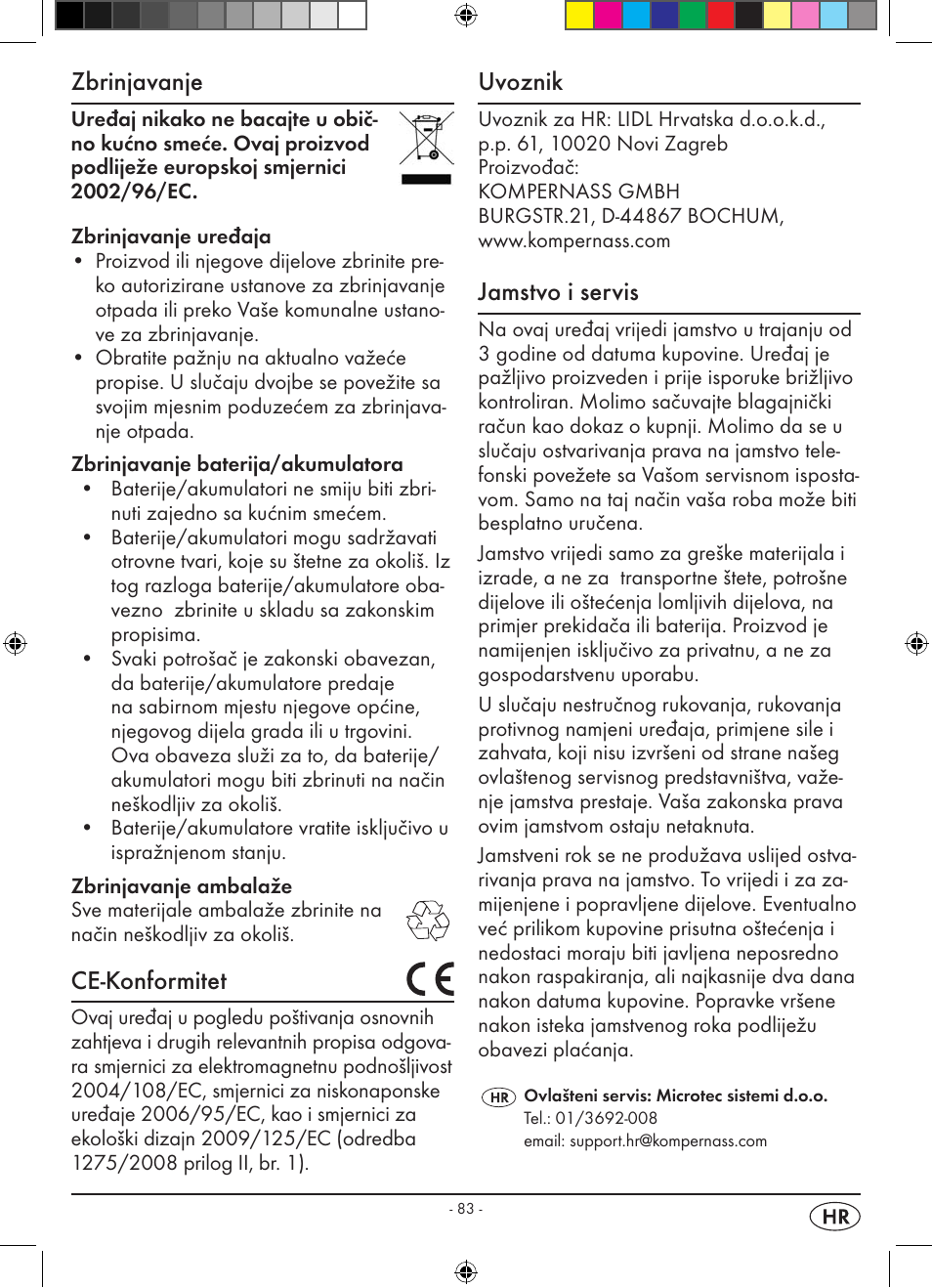 Zbrinjavanje, Ce-konformitet, Uvoznik | Jamstvo i servis | Silvercrest KH 2398 User Manual | Page 85 / 98