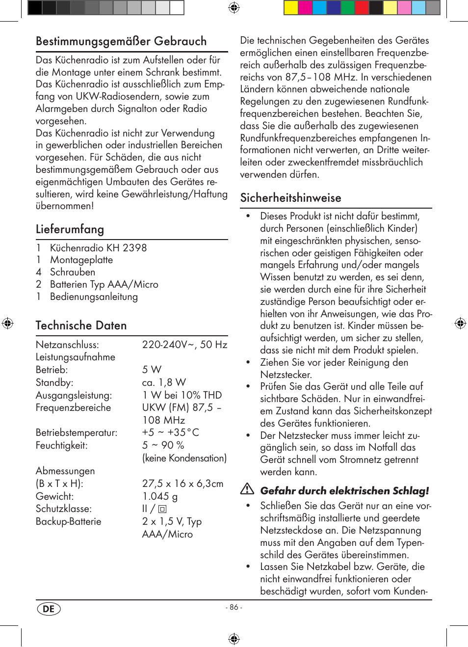 Bestimmungsgemäßer gebrauch, Lieferumfang, Technische daten | Sicherheitshinweise | Silvercrest KH 2398 User Manual | Page 88 / 98