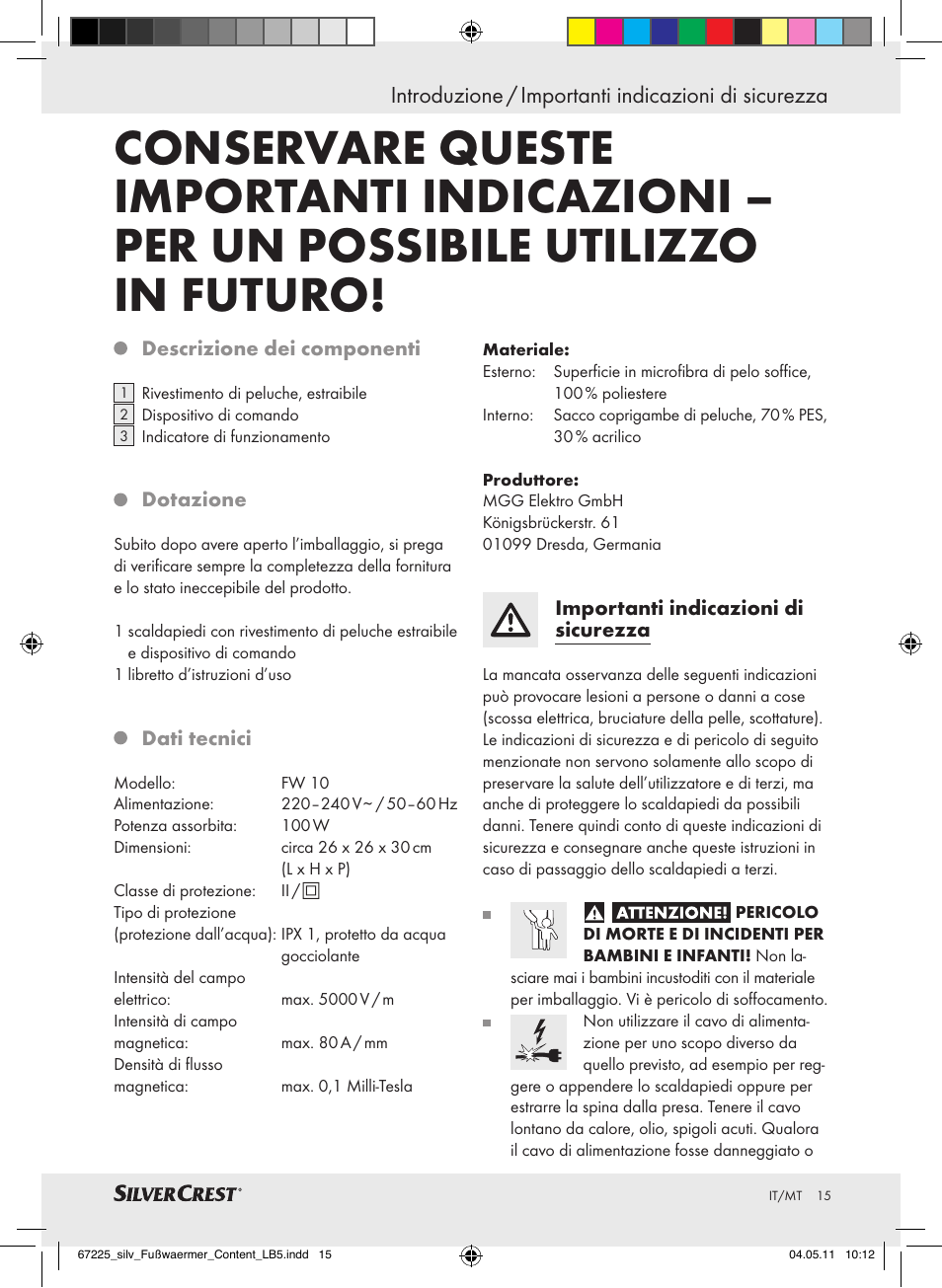 Introduzione / importanti indicazioni di sicurezza | Silvercrest Foot Warmer User Manual | Page 11 / 40