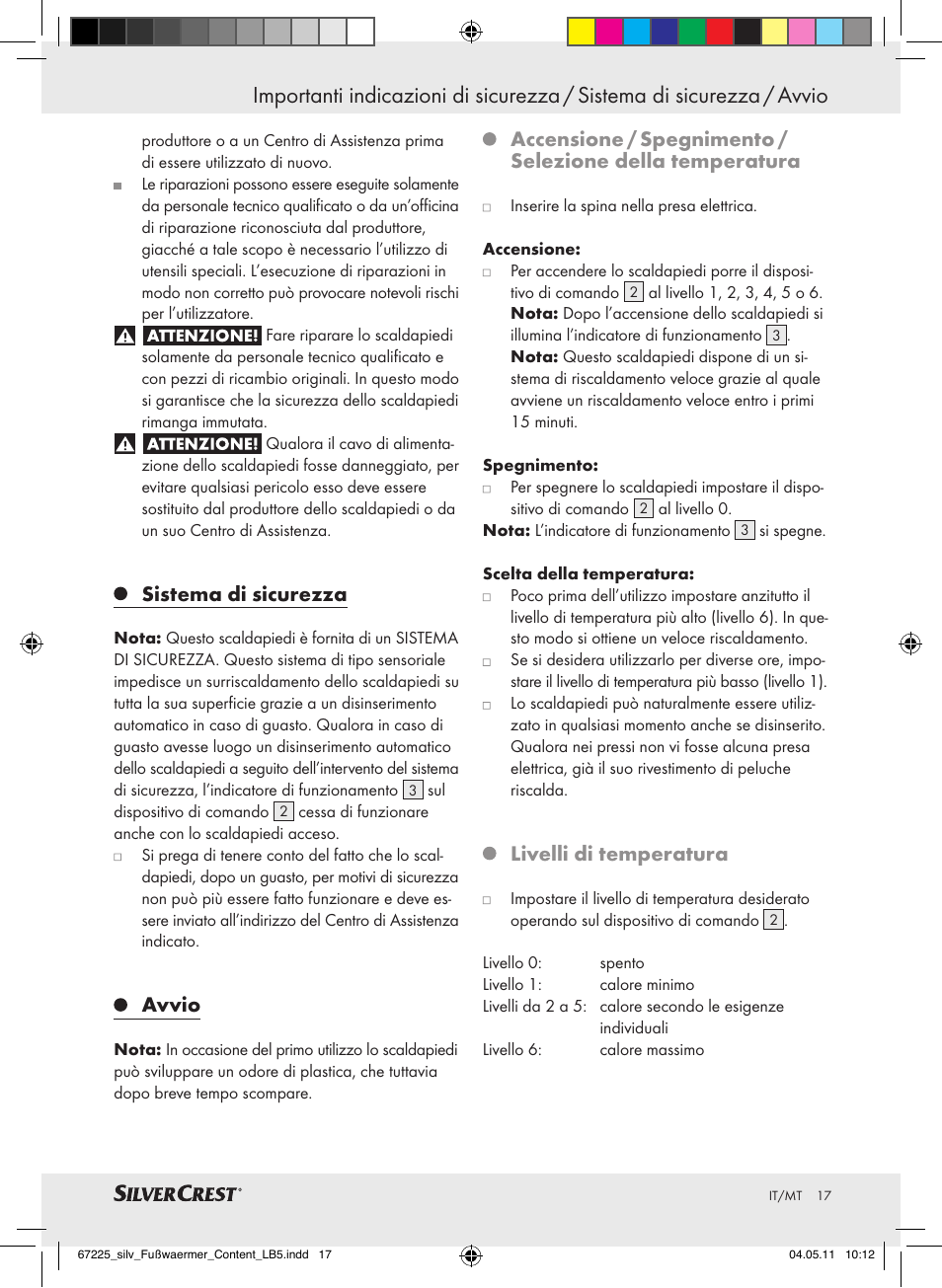 Sistema di sicurezza, Avvio, Livelli di temperatura | Silvercrest Foot Warmer User Manual | Page 13 / 40