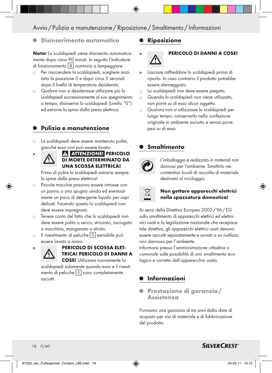 Disinserimento automatico, Pulizia e manutenzione, Riposizione | Smaltimento, Informazioni, Prestazione di garanzia / assistenza | Silvercrest Foot Warmer User Manual | Page 14 / 40