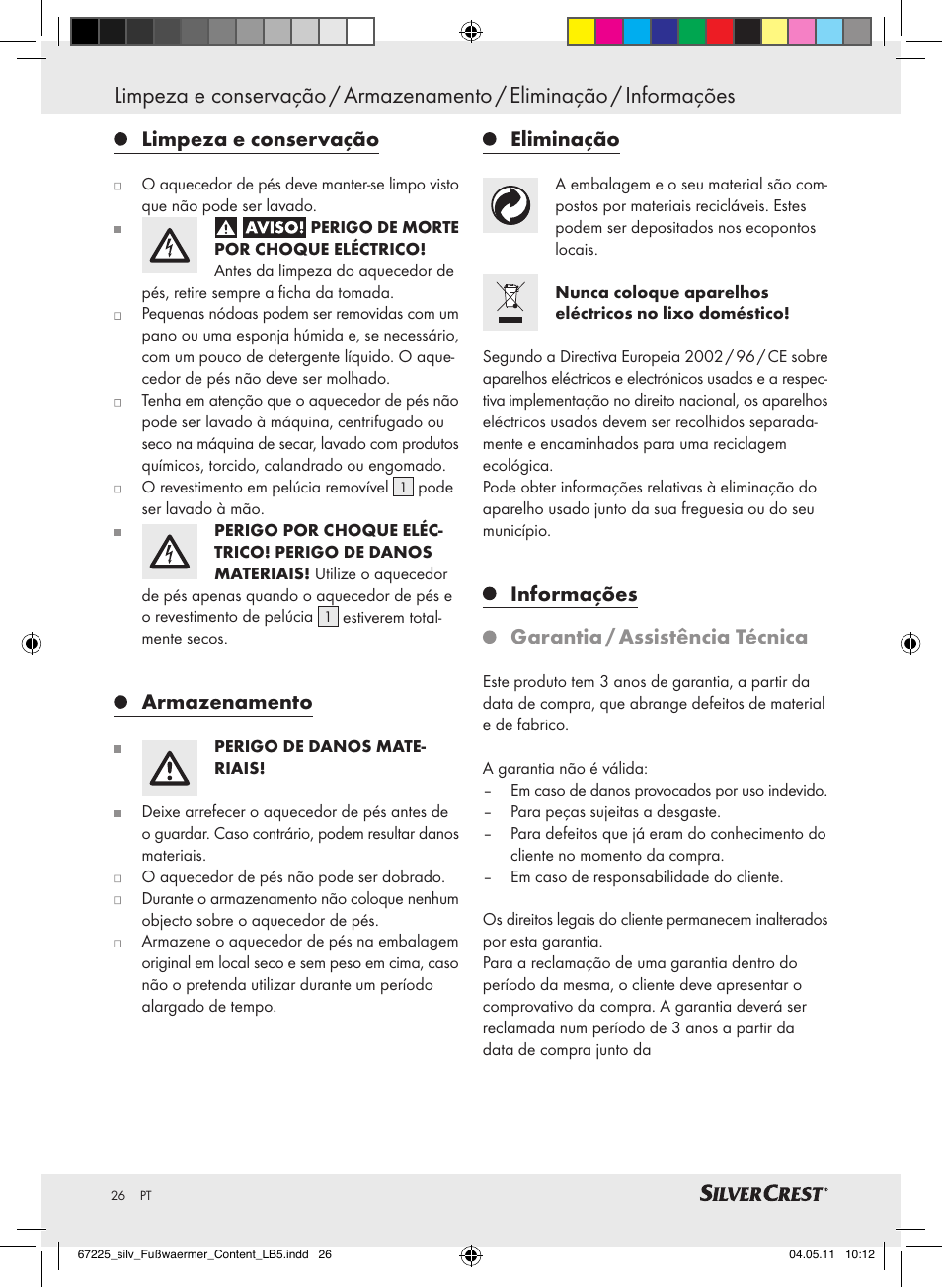 Limpeza e conservação, Armazenamento, Eliminação | Informações garantia / assistência técnica | Silvercrest Foot Warmer User Manual | Page 22 / 40