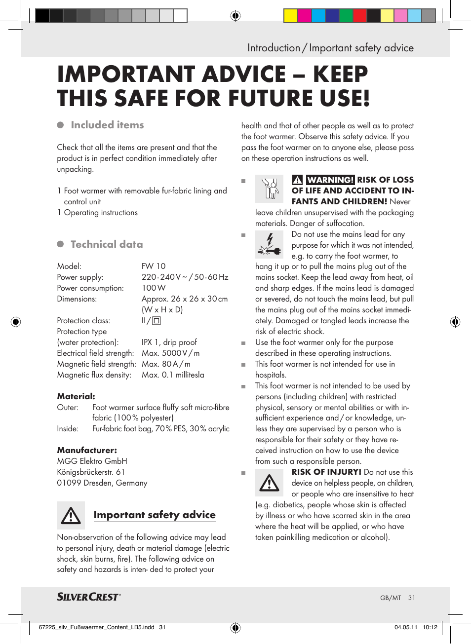 Important advice – keep this safe for future use, Introduction / important safety advice | Silvercrest Foot Warmer User Manual | Page 27 / 40