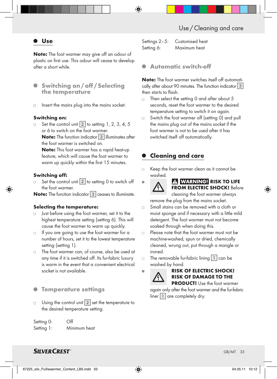 Use / cleaning and care, Switching on / off / selecting the temperature, Temperature settings | Automatic switch-off, Cleaning and care | Silvercrest Foot Warmer User Manual | Page 29 / 40