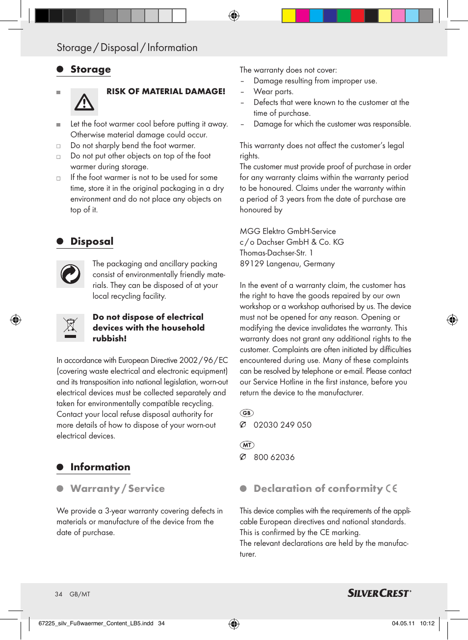 Storage / disposal / information, Storage, Disposal | Information warranty / service, Declaration of conformity | Silvercrest Foot Warmer User Manual | Page 30 / 40