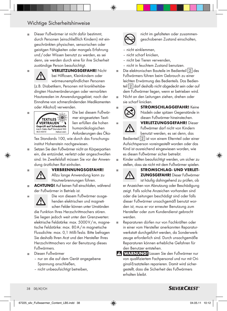 Wichtige sicherheitshinweise | Silvercrest Foot Warmer User Manual | Page 34 / 40