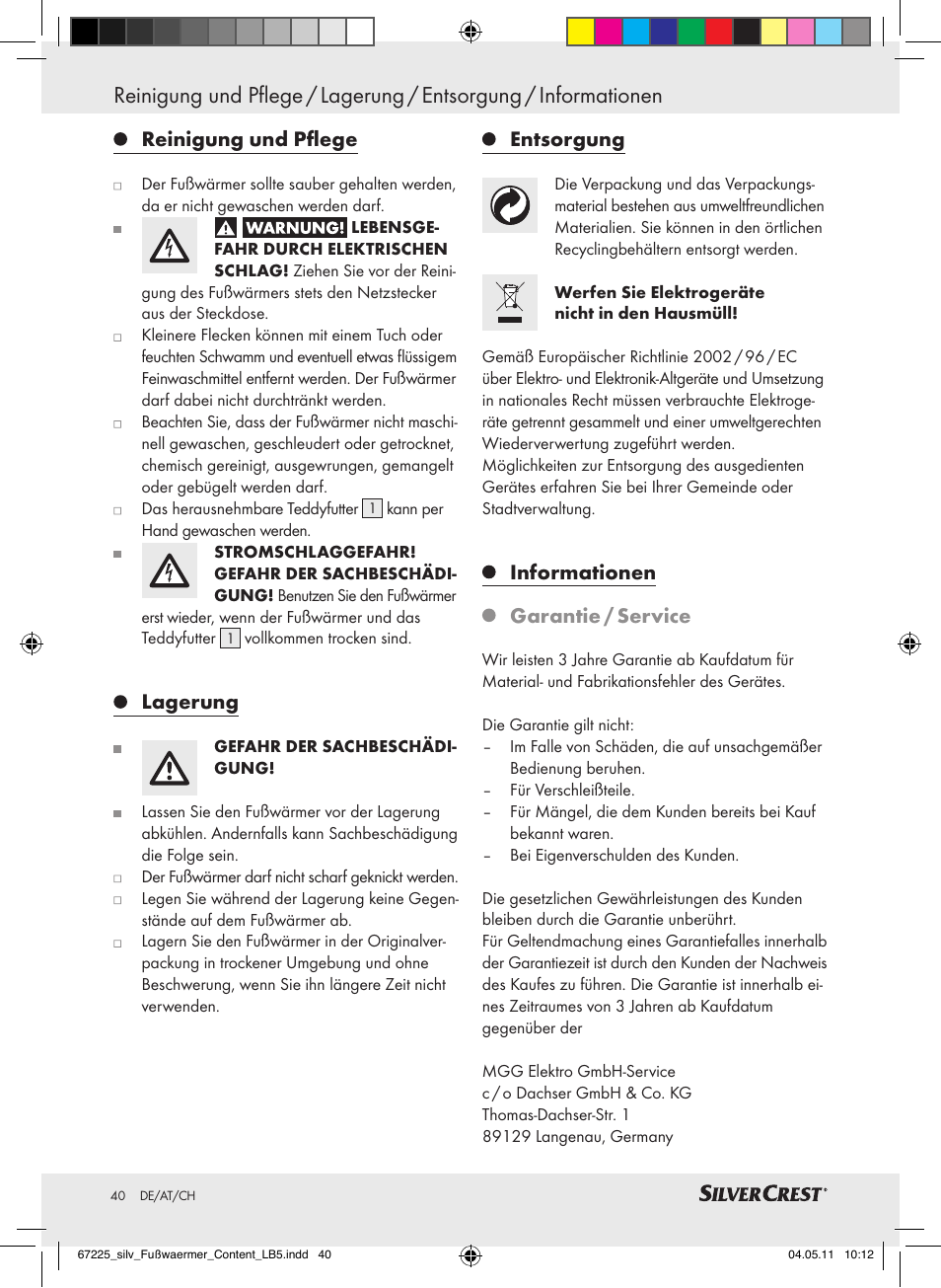 Reinigung und pflege, Lagerung, Entsorgung | Informationen, Garantie / service | Silvercrest Foot Warmer User Manual | Page 36 / 40