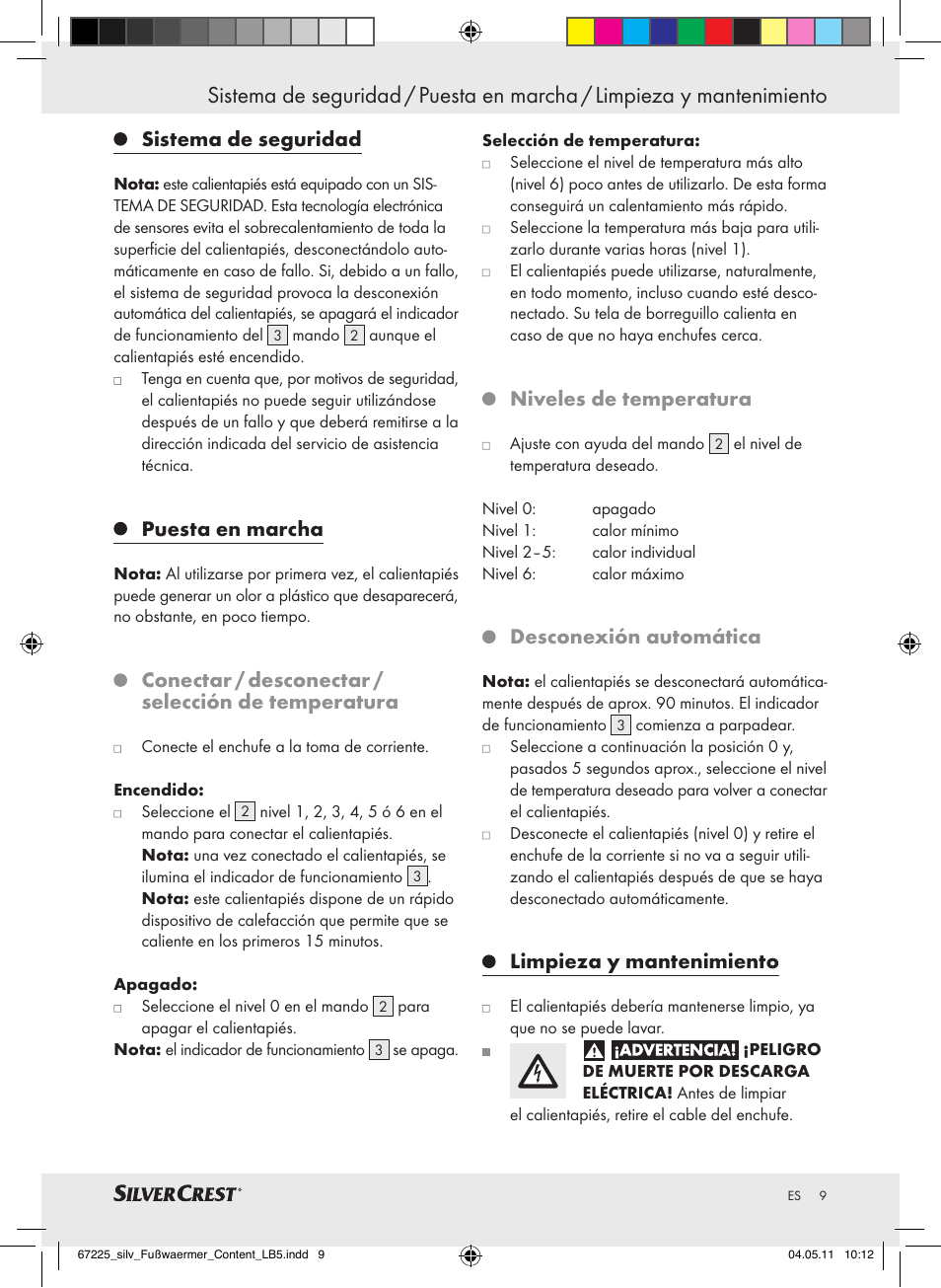 Sistema de seguridad, Puesta en marcha, Conectar / desconectar / selección de temperatura | Niveles de temperatura, Desconexión automática, Limpieza y mantenimiento | Silvercrest Foot Warmer User Manual | Page 5 / 40