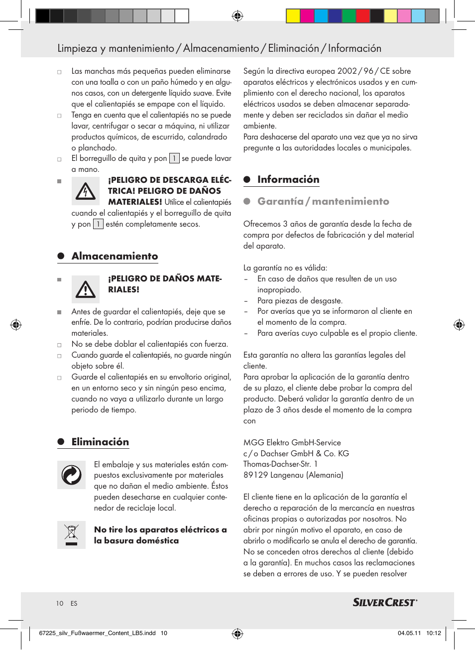 Almacenamiento, Eliminación, Información garantía / mantenimiento | Silvercrest Foot Warmer User Manual | Page 6 / 40