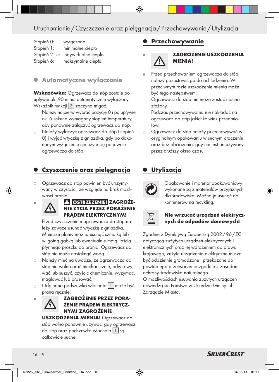 Automatyczne wyłączanie, Czyszczenie oraz pielęgnacja, Przechowywanie | Utylizacja | Silvercrest Foot Warmer User Manual | Page 12 / 52