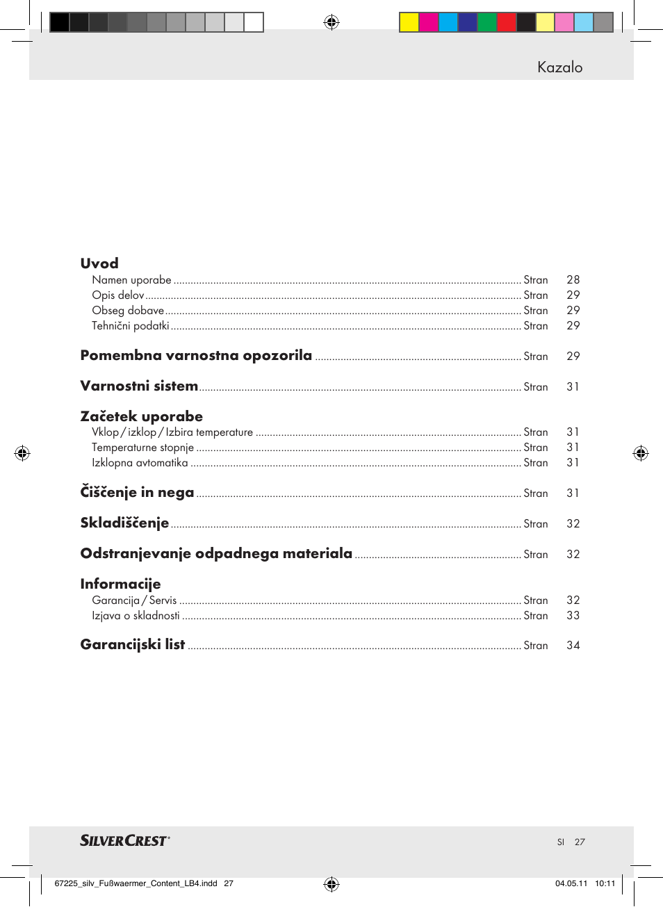 Kazalo | Silvercrest Foot Warmer User Manual | Page 23 / 52