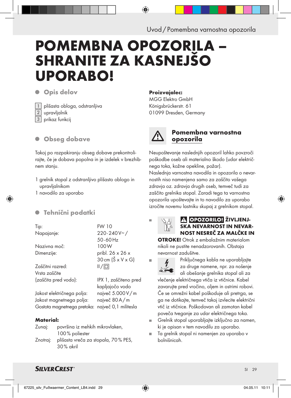 Pomembna opozorila – shranite za kasnejšo uporabo, Uvod / pomembna varnostna opozorila | Silvercrest Foot Warmer User Manual | Page 25 / 52