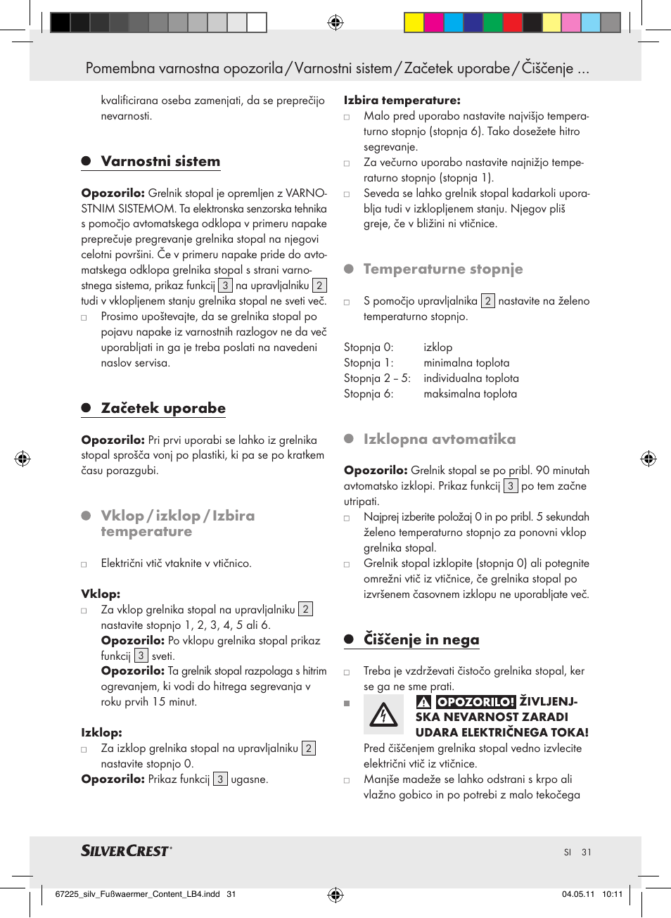 Varnostni sistem, Začetek uporabe, Vklop / izklop / izbira temperature | Temperaturne stopnje, Izklopna avtomatika, Čiščenje in nega | Silvercrest Foot Warmer User Manual | Page 27 / 52